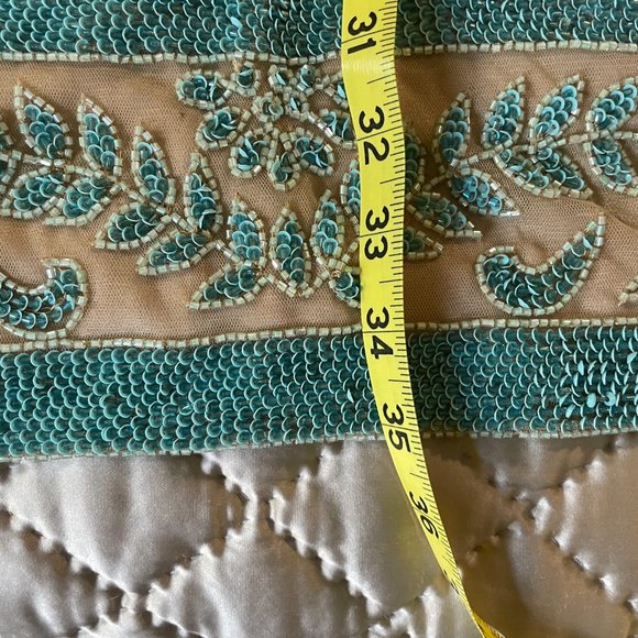 LARA {6} Dress Nude Teal Beaded Cocktail Dress Long-Sleeved - Picture 11 of 16